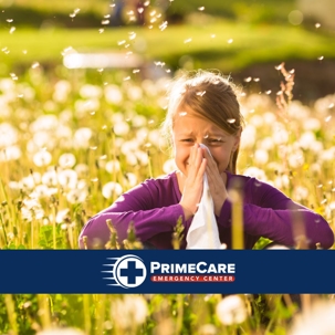 blowing nose in a field of pollen